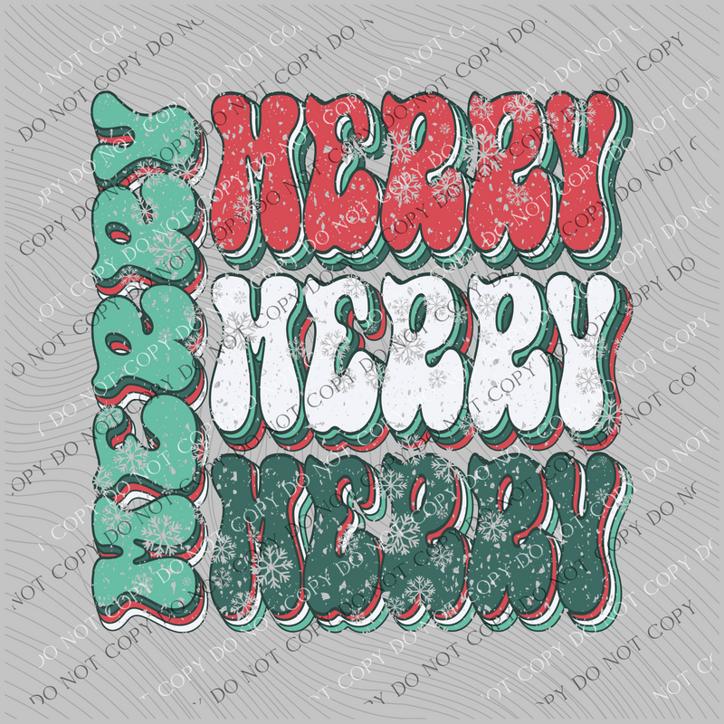 Merry Retro Stacked Snowflake Distressed Greens/Red/White Christmas Digital Download, PNG