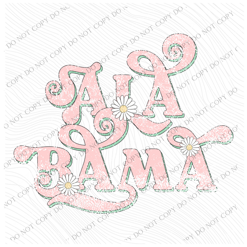 Alabama Retro Swirl Daisies Distressed Pink & Green Spring & Summer Digital Design, PNG