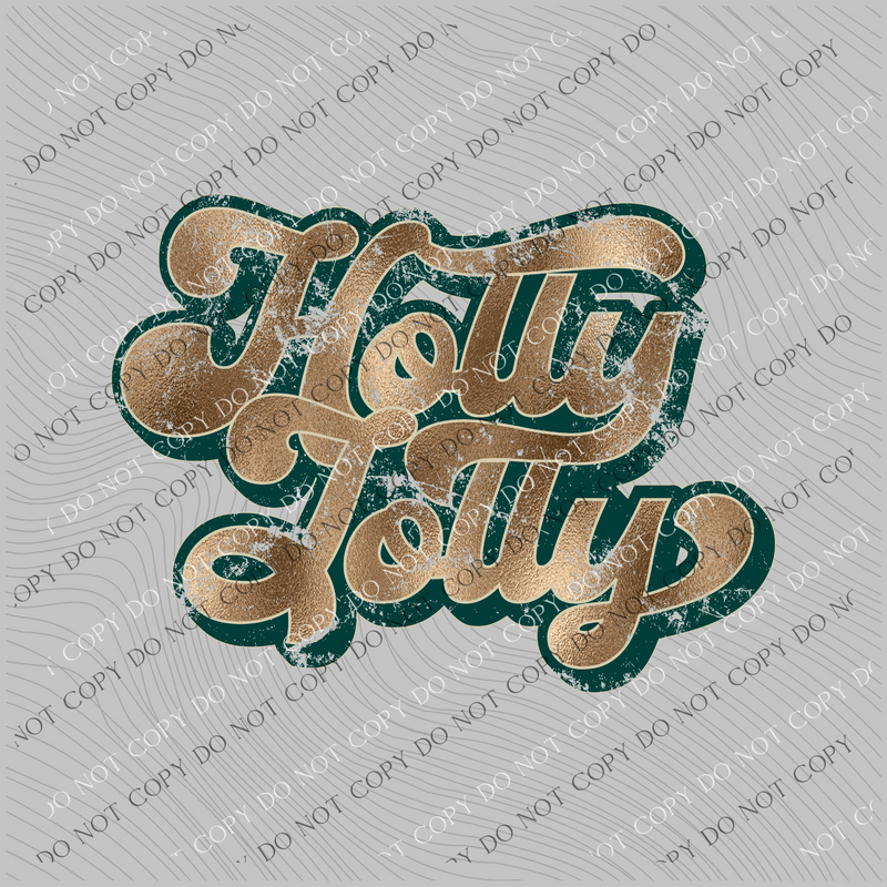 Holly Jolly Distressed Retro Shadow Gold Foil and Green Christmas PNG, Digital Download