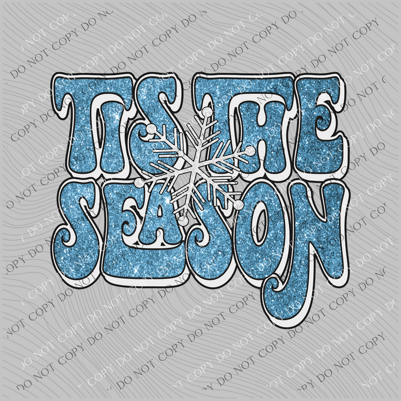 Tis the Season Distressed Groovy Shadow Blue Glitter Snowflake Christmas PNG, Digital Download