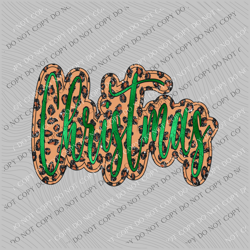 Christmas Script Leopard Glitter and Green Foil PNG, Digital Design