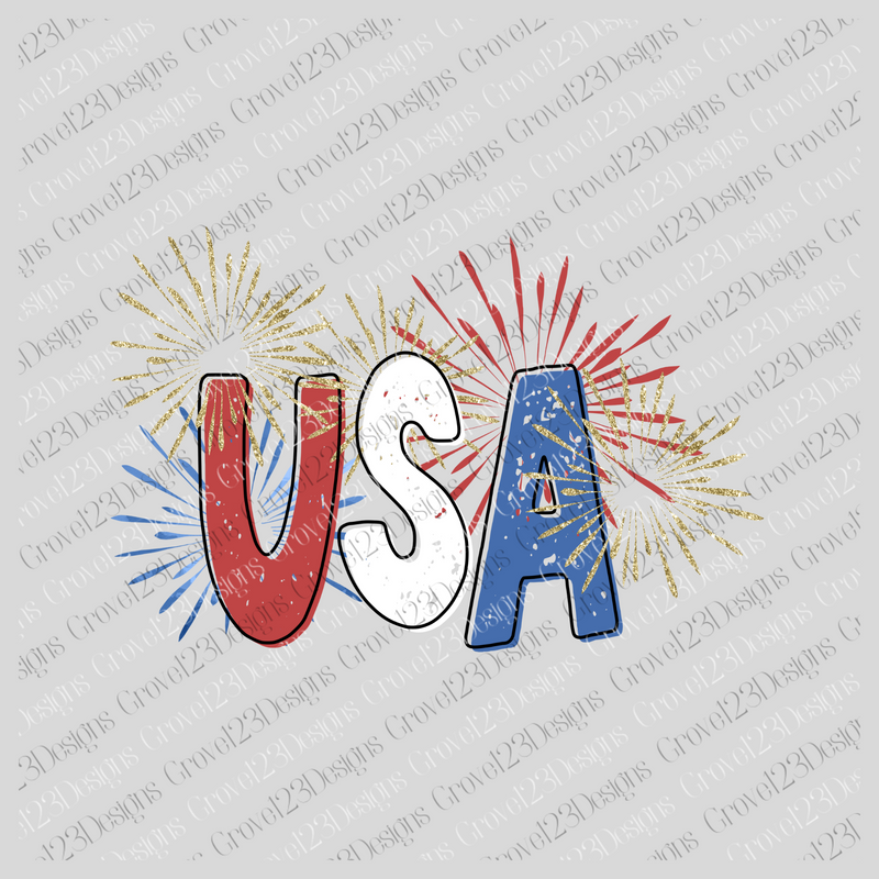 USA Distressed Outline Red White Blue Fireworks