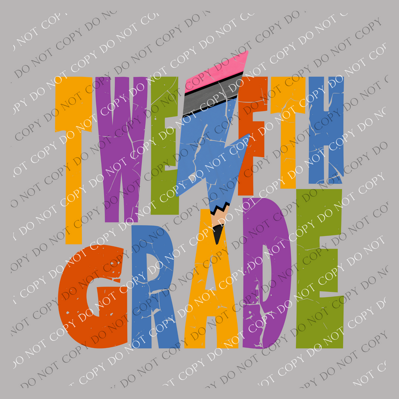 Twelfth Grade Colorful  Distressed Pencil Lightning Bolt Design PNG