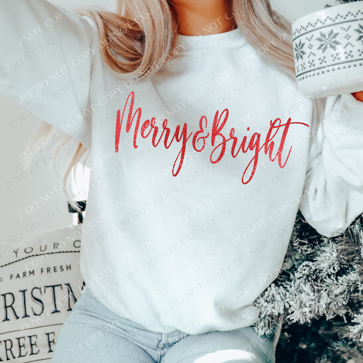 Merry & Bright Script Red Foil Effect Digital Download, PNG