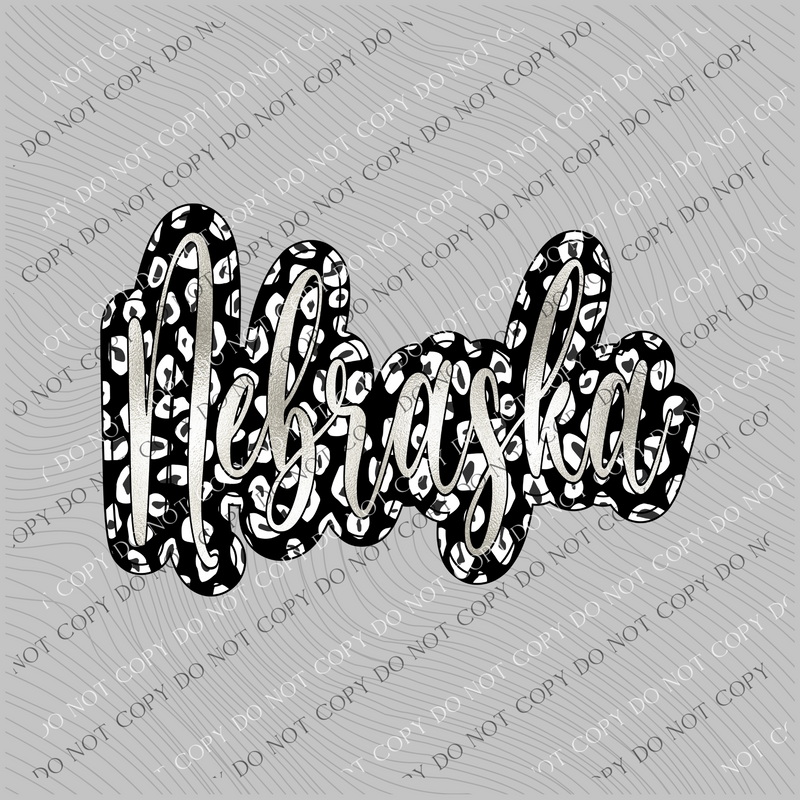 Nebraska Script Black Leopard and White/Silver Foil Digital Design, PNG