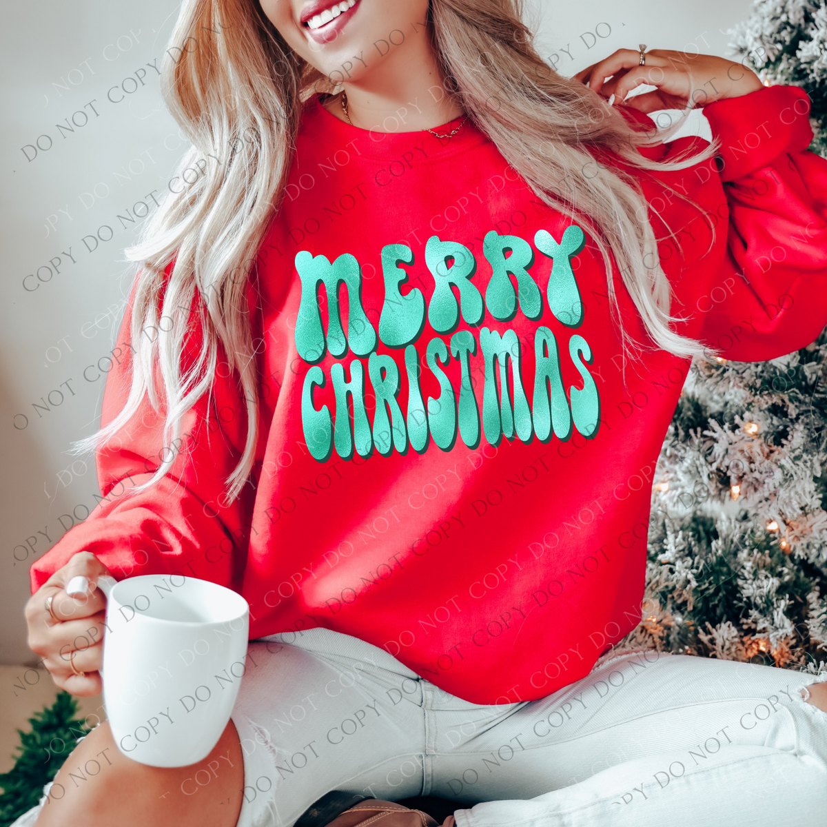 Merry Christmas Groovy Wave Mint Green Foil with Dark Green Drop Shadow Christmas Digital Download, PNG