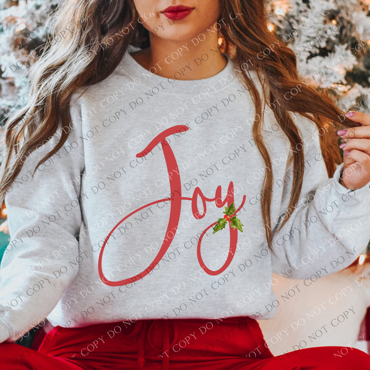 Joy Red Script Christmas Design with Holly & Berries Digital Download, PNG