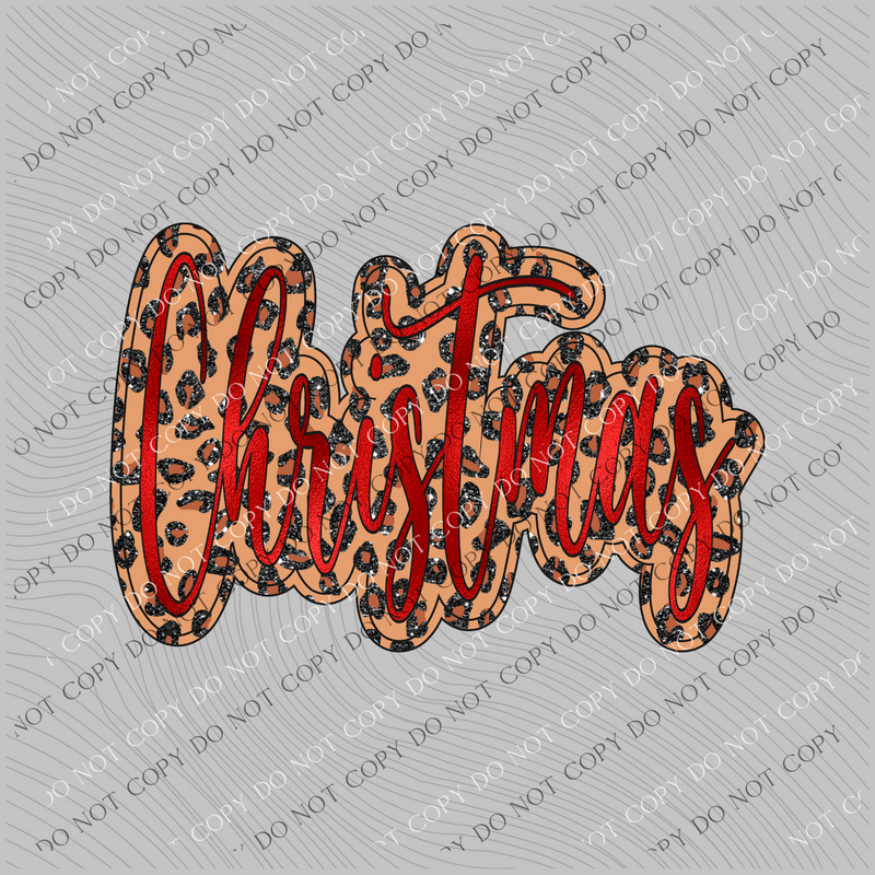 Christmas Script Leopard Glitter and Red Foil PNG, Digital Design