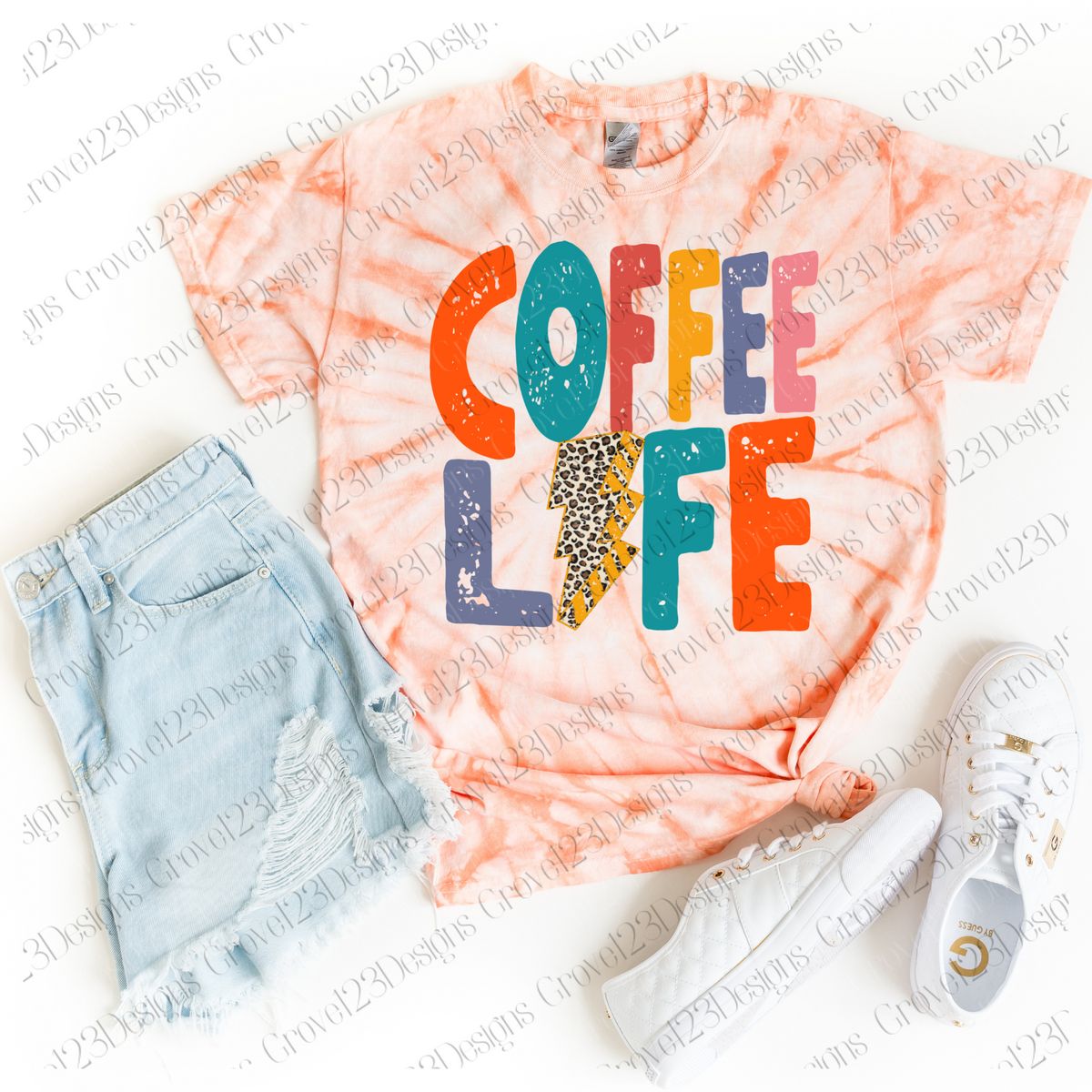 Coffee Life in Sunrise Colors Distressed Leopard Lightning Bolt
