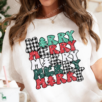 Merry Stacked Christmas Buffalo Plaid Red/Greens Snow Distressed PNG, Digital Download