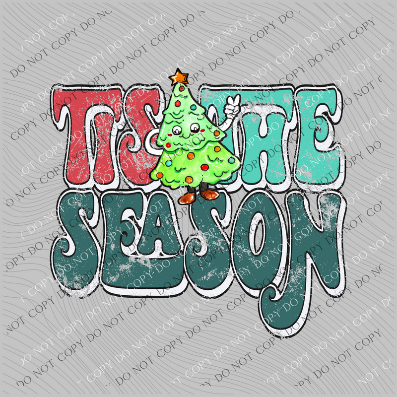 Tis the Season Distressed Groovy Shadow Greens & Red Cute Fun Tree Christmas PNG, Digital Download