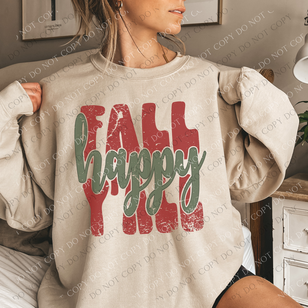 Happy Fall Y'all Distressed Stacked Cutout Rust/Green Digital Design, PNG