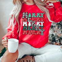 Merry Stacked Christmas Buffalo Plaid Red/Greens Snow Distressed PNG, Digital Download