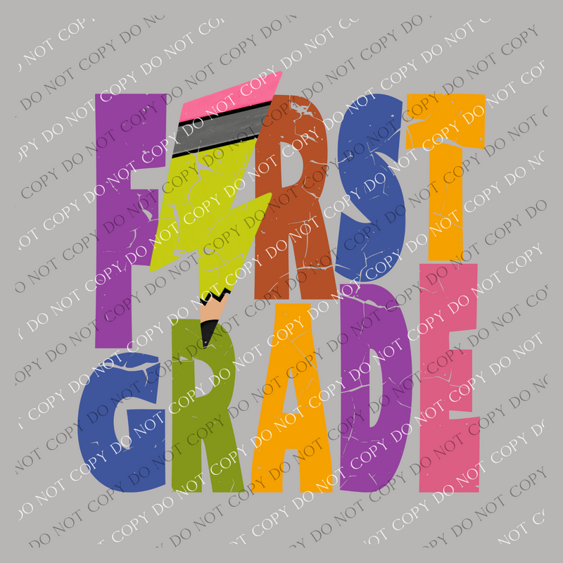First Grade Colorful  Distressed Pencil Lightning Bolt Design PNG