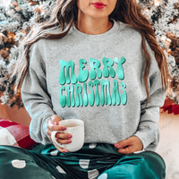 Merry Christmas Groovy Wave Mint Green Foil with Dark Green Drop Shadow Christmas Digital Download, PNG