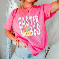 Easter Vibes Pink Gingham Outline with Chick Easter Basket Distressed Digital Design, PNG