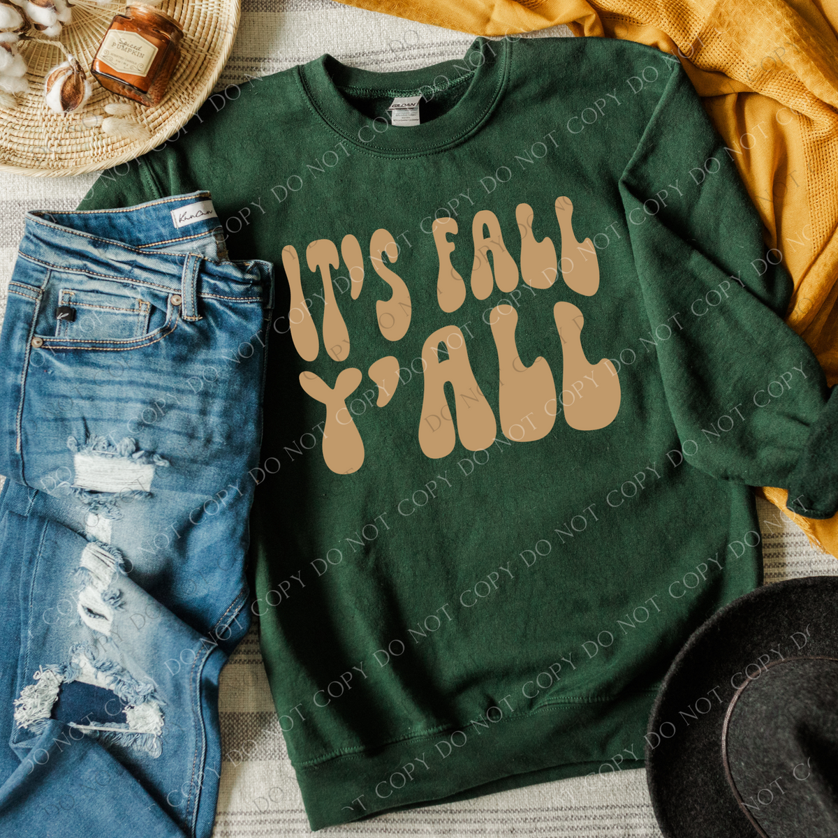 It's Fall Y'all Groovy Wave Stacked Digital Design PNG in Camel Brown