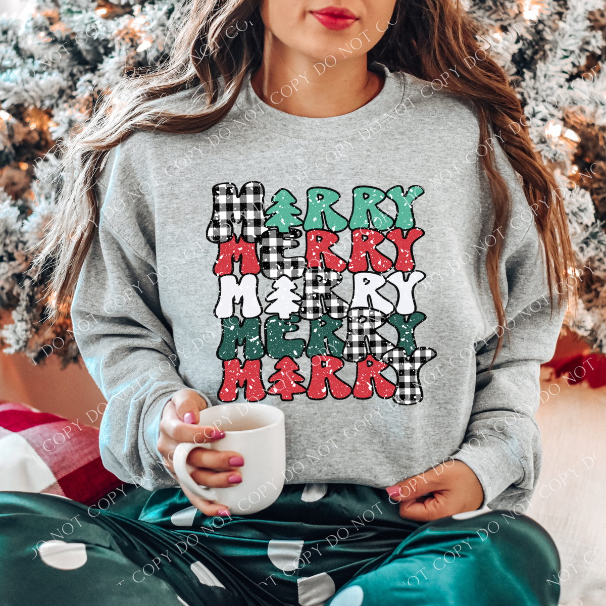 Merry Stacked Christmas Buffalo Plaid Red/Greens Snow Distressed PNG, Digital Download