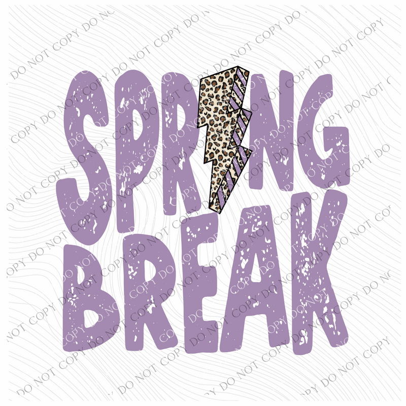 Spring Break Purple Leopard Lightening Bolt Distressed Digital Design, PNG