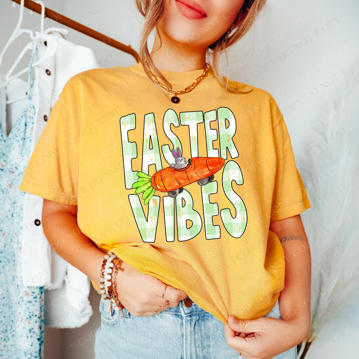 Easter Vibes Green Gingham Outline with Carrot Bunny Car Distressed Digital Design, PNG