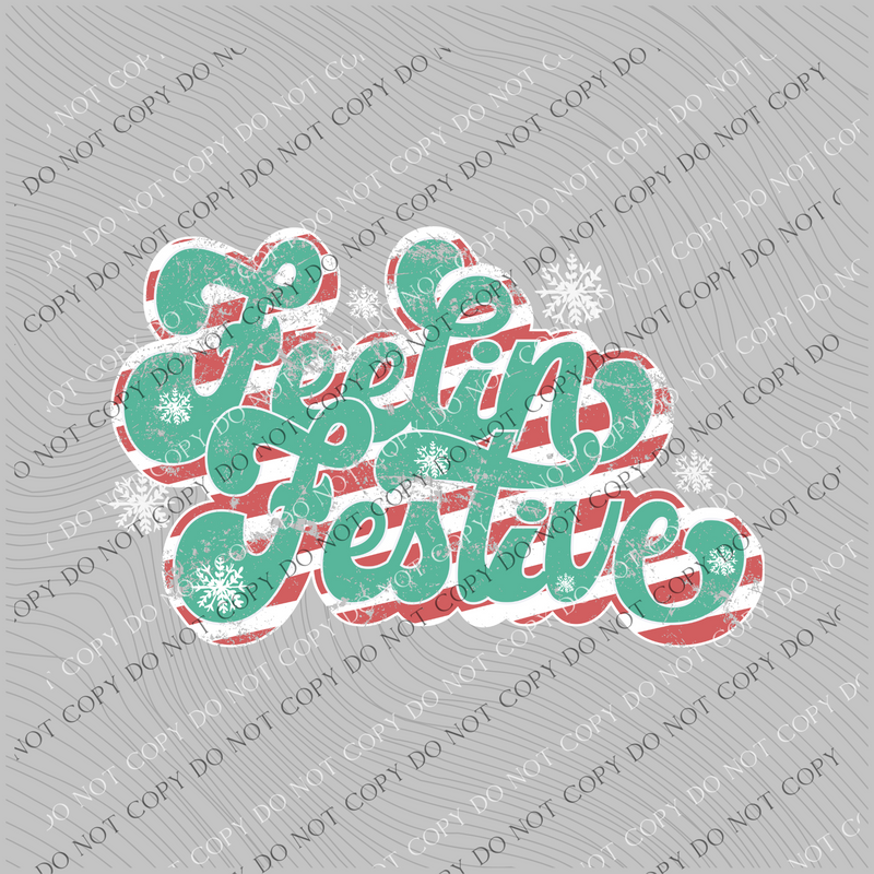 Feelin Festive Distressed Retro Shadow Red White Stripe / Mint Green with Flakes Christmas PNG, Digital Download