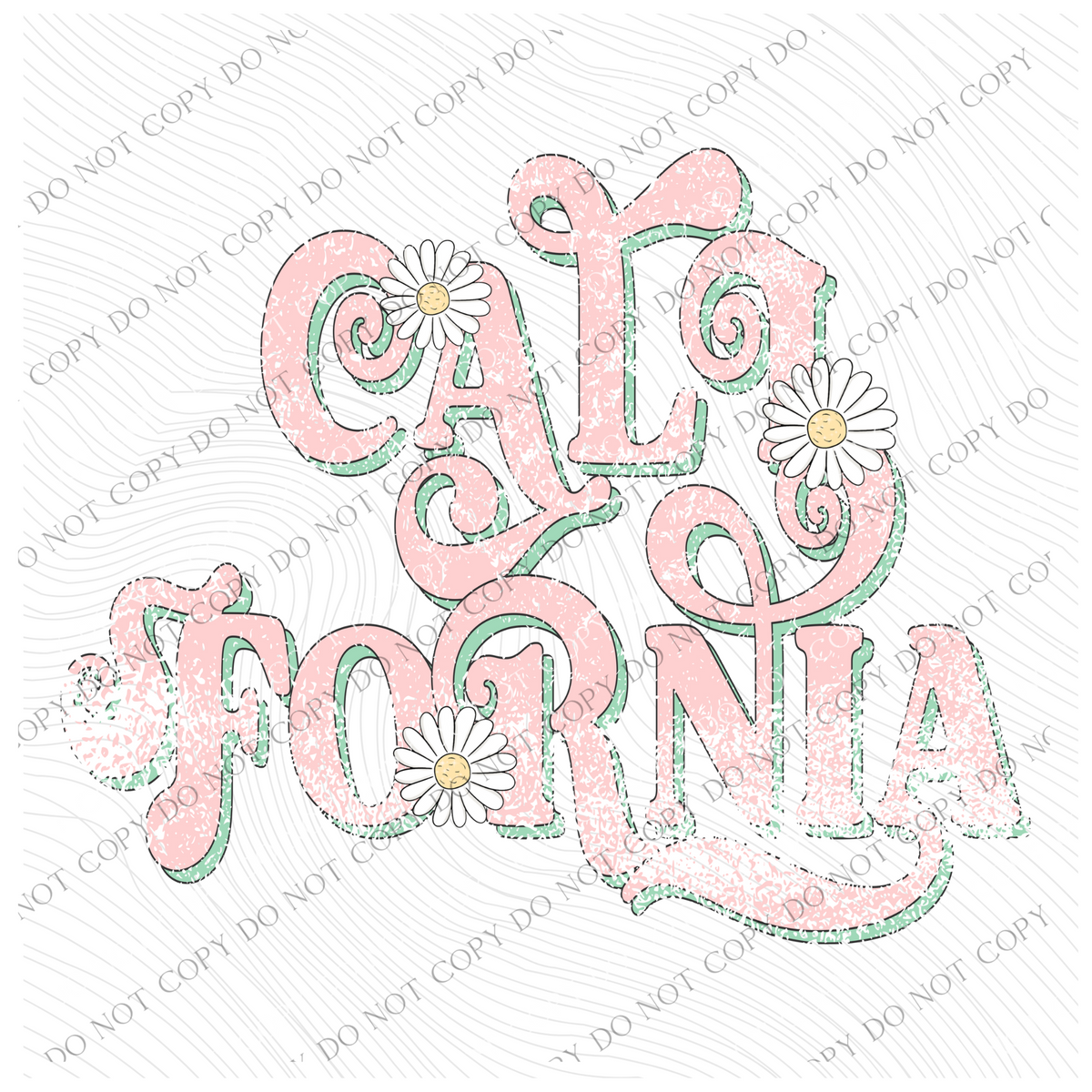 California Retro Swirl Daisies Distressed Pink & Green Spring & Summer Digital Design, PNG
