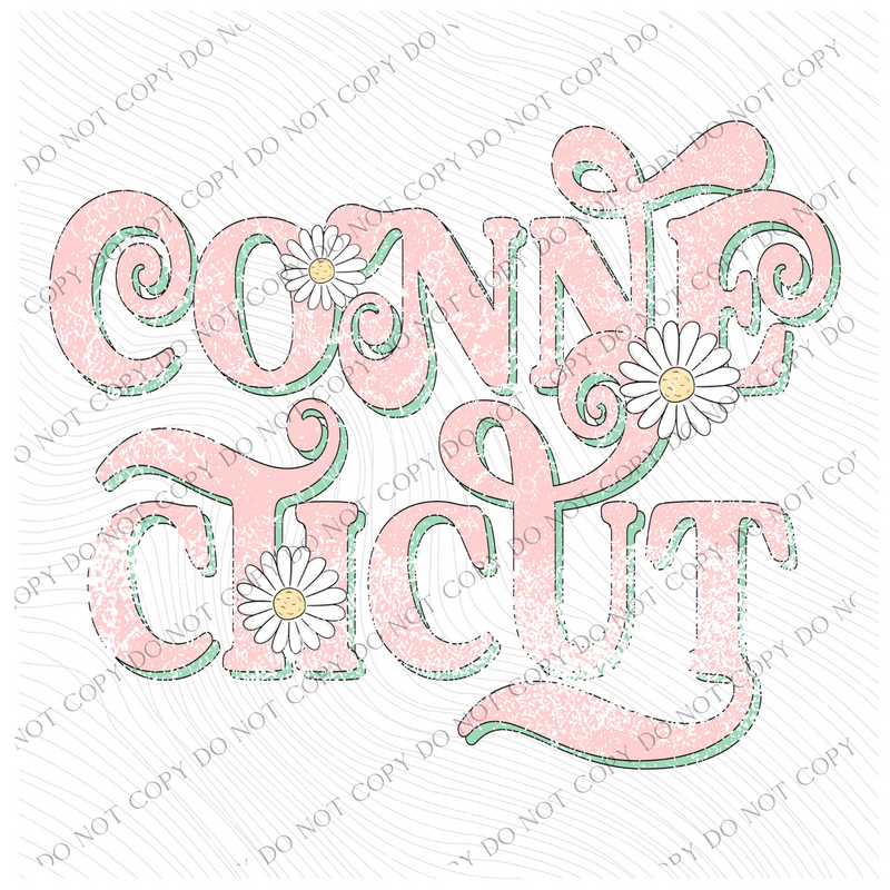 Connectitcut Retro Swirl Daisies Distressed Pink & Green Spring & Summer Digital Design, PNG