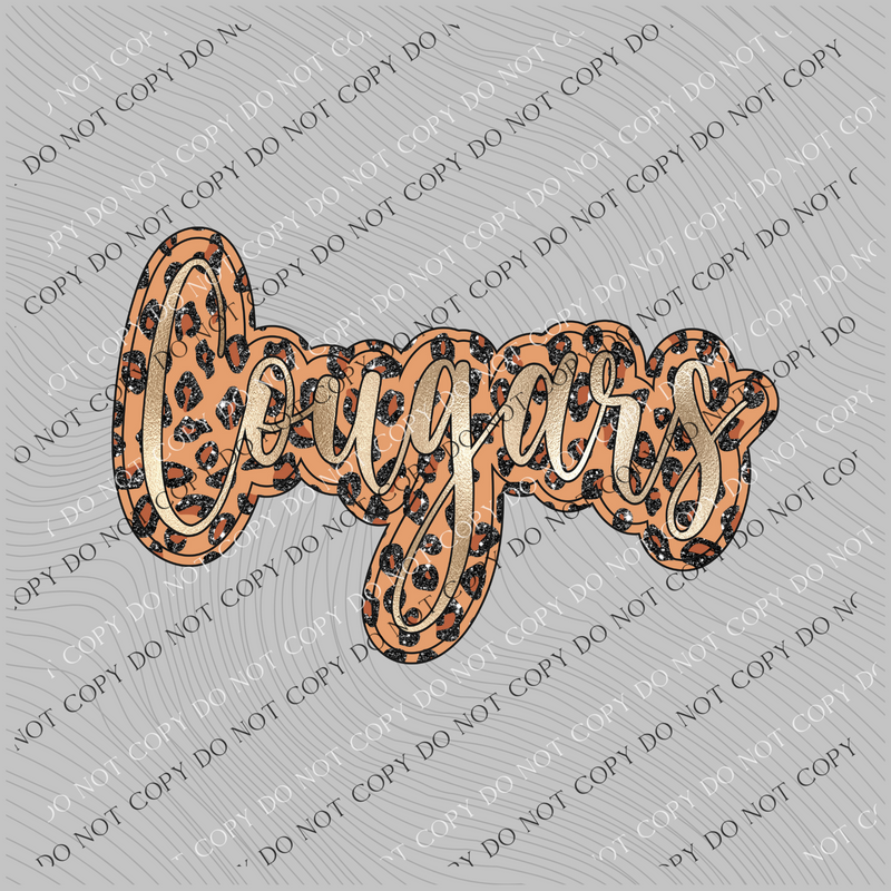 Cougars Script Leopard Glitter and Foil PNG,  Digital Design