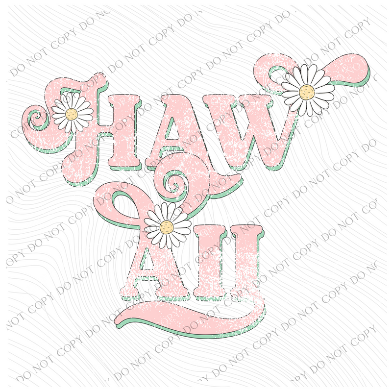 Hawaii Retro Swirl Daisies Distressed Pink & Green Spring & Summer Digital Design, PNG