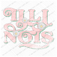 Illinois Retro Swirl Daisies Distressed Pink & Green Spring & Summer Digital Design, PNG