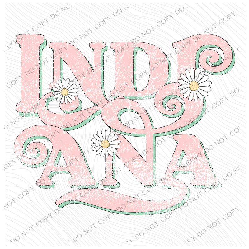 Indiana Retro Swirl Daisies Distressed Pink & Green Spring & Summer Digital Design, PNG