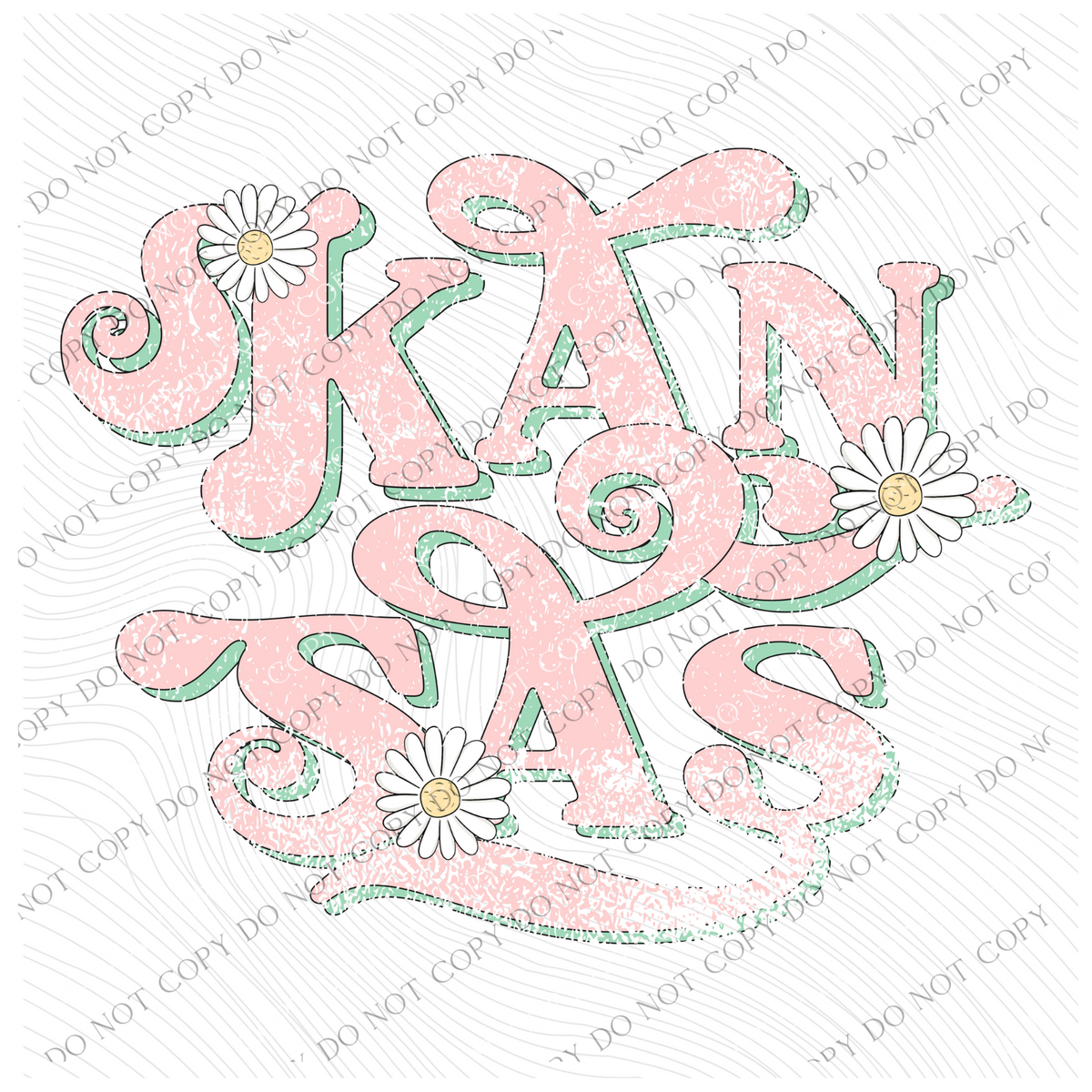 Kansas Retro Swirl Daisies Distressed Pink & Green Spring & Summer Digital Design, PNG