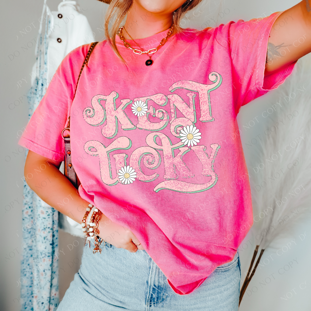 Kentucky Retro Swirl Daisies Distressed Pink & Green Spring & Summer Digital Design, PNG