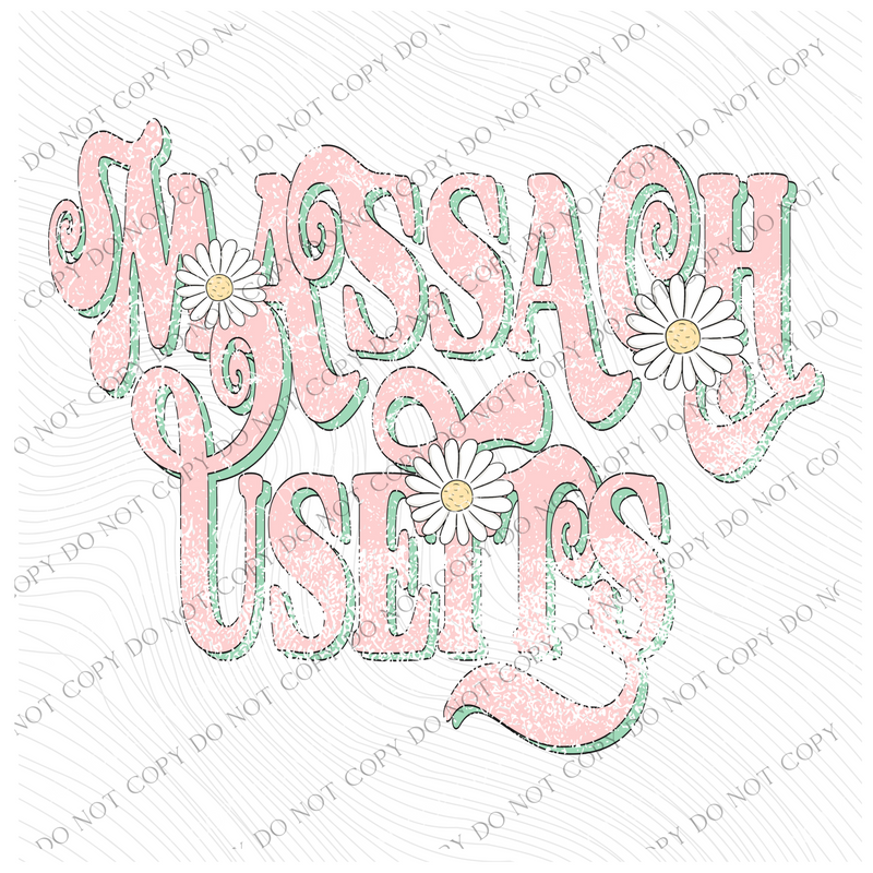 Massachusetts Retro Swirl Daisies Distressed Pink & Green Spring & Summer Digital Design, PNG