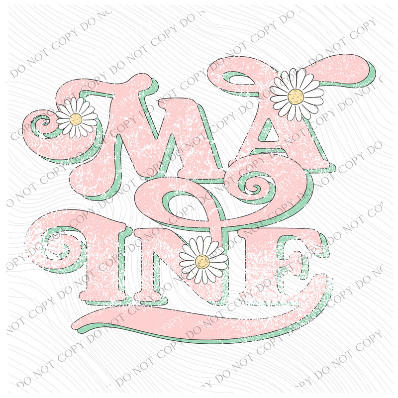 Maine Retro Swirl Daisies Distressed Pink & Green Spring & Summer Digital Design, PNG