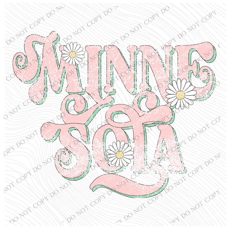 Minnesota Retro Swirl Daisies Distressed Pink & Green Spring & Summer Digital Design, PNG
