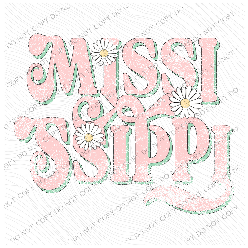 Mississippi Retro Swirl Daisies Distressed Pink & Green Spring & Summer Digital Design, PNG