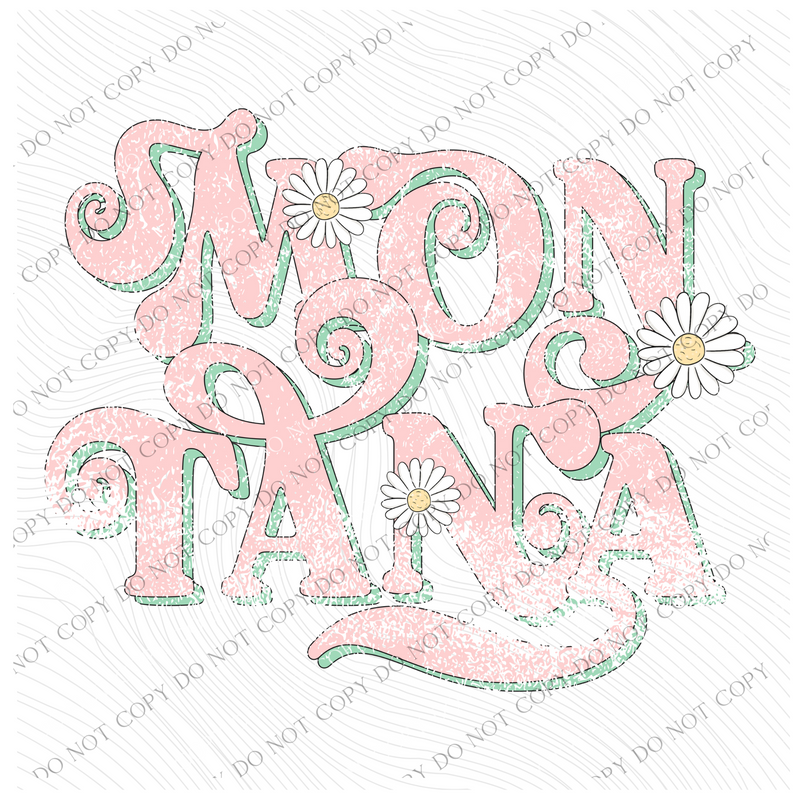 Montana Retro Swirl Daisies Distressed Pink & Green Spring & Summer Digital Design, PNG