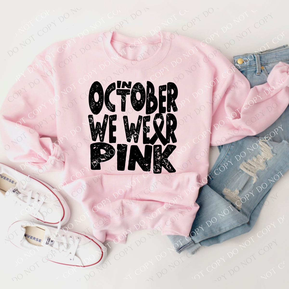 In October we Wear Pink Distressed, Cancer Ribbon Black Single Color Digital Design,  PNG
