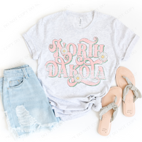 North Dakota Retro Swirl Daisies Distressed Pink & Green Spring & Summer Digital Design, PNG