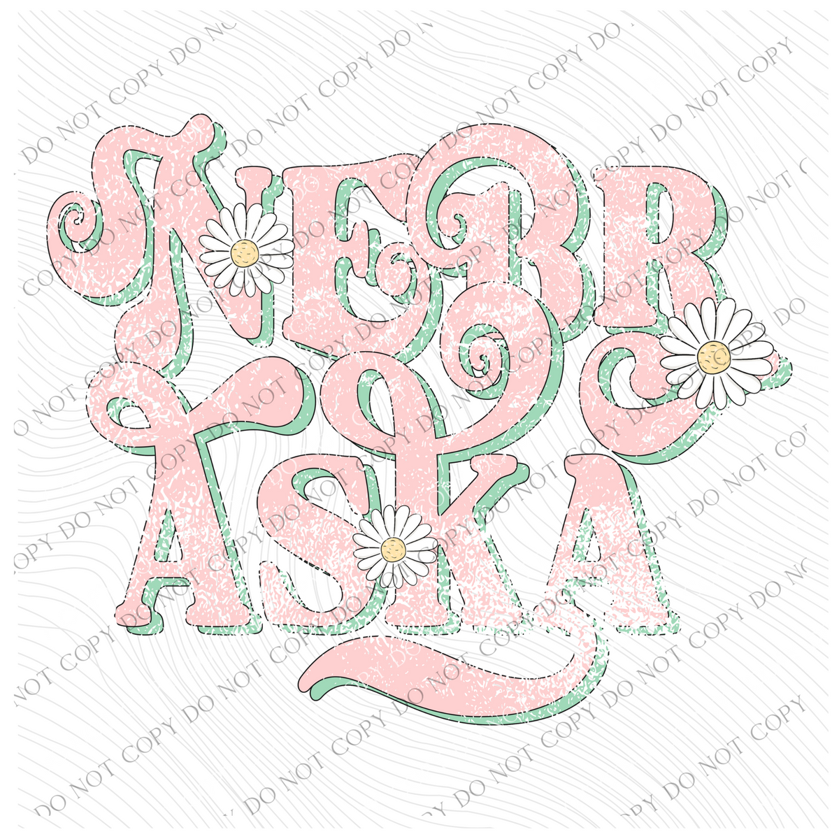 Nebraska Retro Swirl Daisies Distressed Pink & Green Spring & Summer Digital Design, PNG