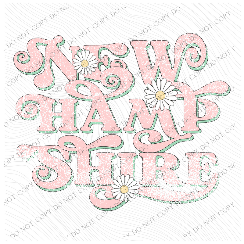 New Hampshire Retro Swirl Daisies Distressed Pink & Green Spring & Summer Digital Design, PNG