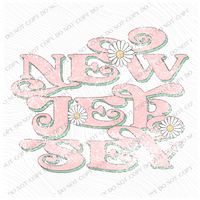 New Jersey Retro Swirl Daisies Distressed Pink & Green Spring & Summer Digital Design, PNG