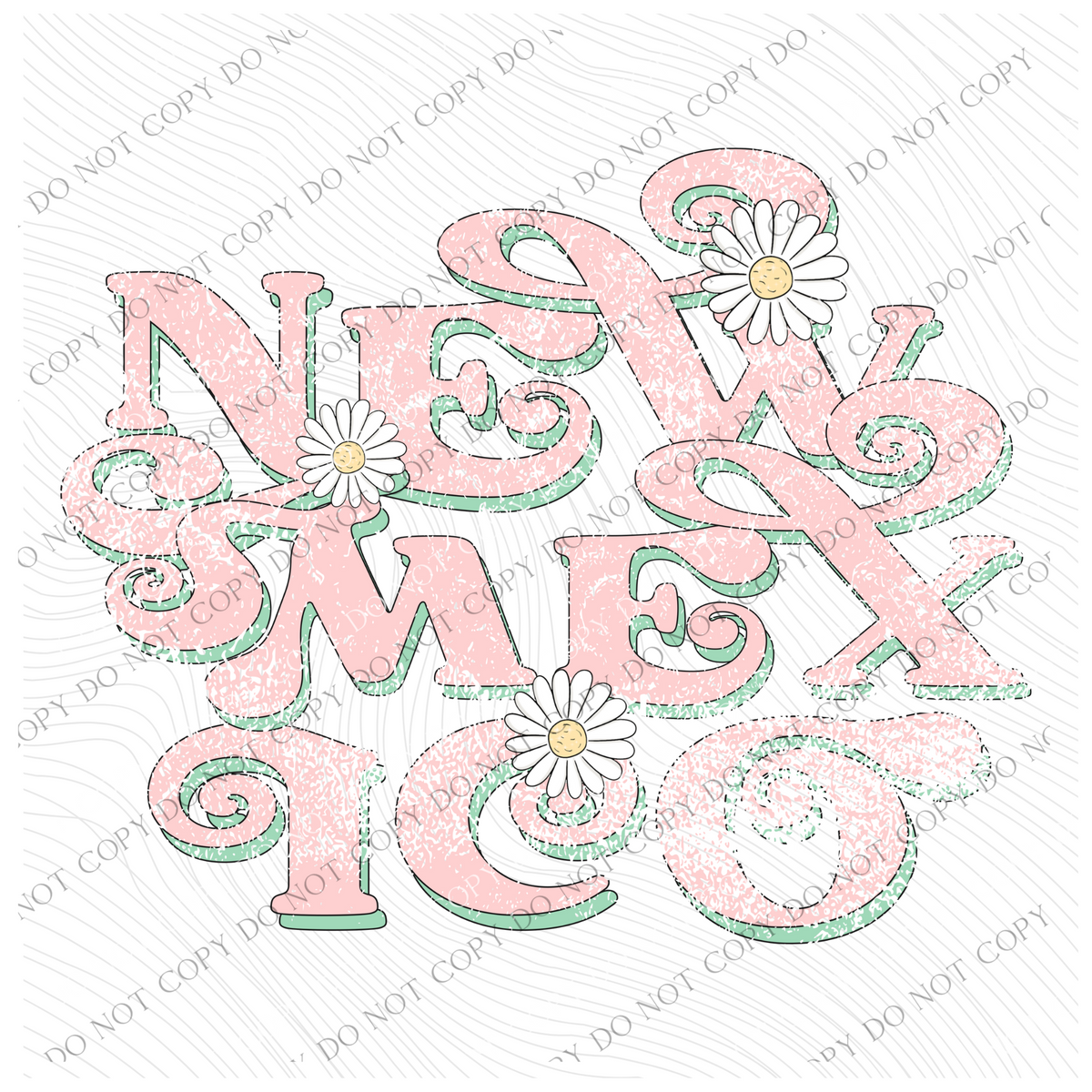 New Mexico Retro Swirl Daisies Distressed Pink & Green Spring & Summer Digital Design, PNG