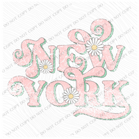 New York Retro Swirl Daisies Distressed Pink & Green Spring & Summer Digital Design, PNG