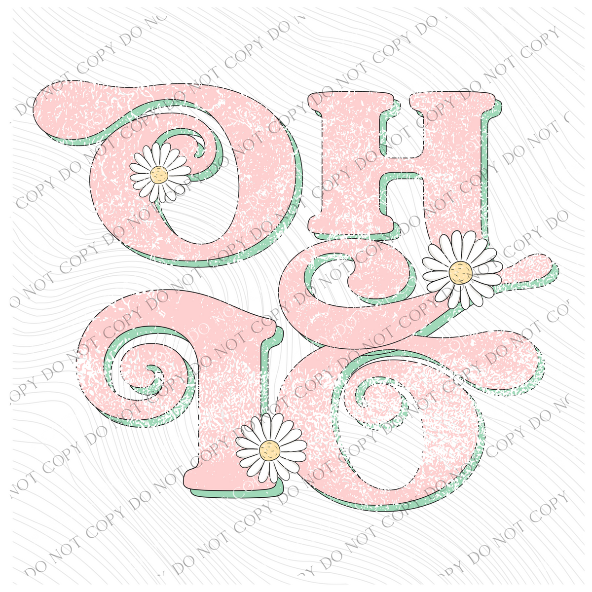 Ohio Retro Swirl Daisies Distressed Pink & Green Spring & Summer Digital Design, PNG