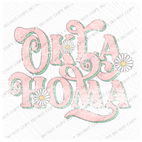 Oklahoma Retro Swirl Daisies Distressed Pink & Green Spring & Summer Digital Design, PNG