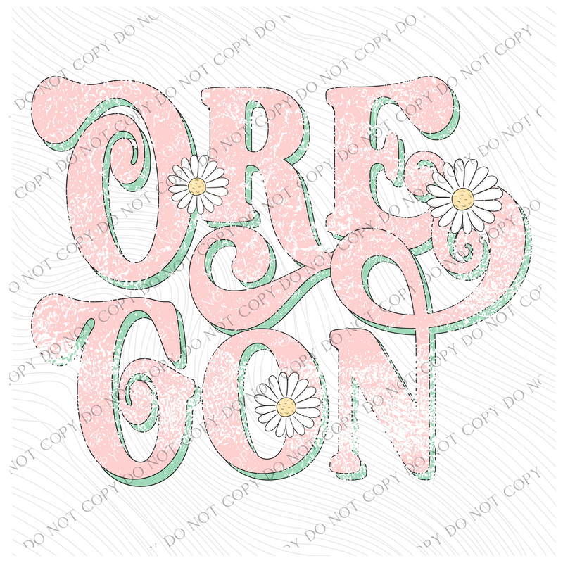 Oregon Retro Swirl Daisies Distressed Pink & Green Spring & Summer Digital Design, PNG