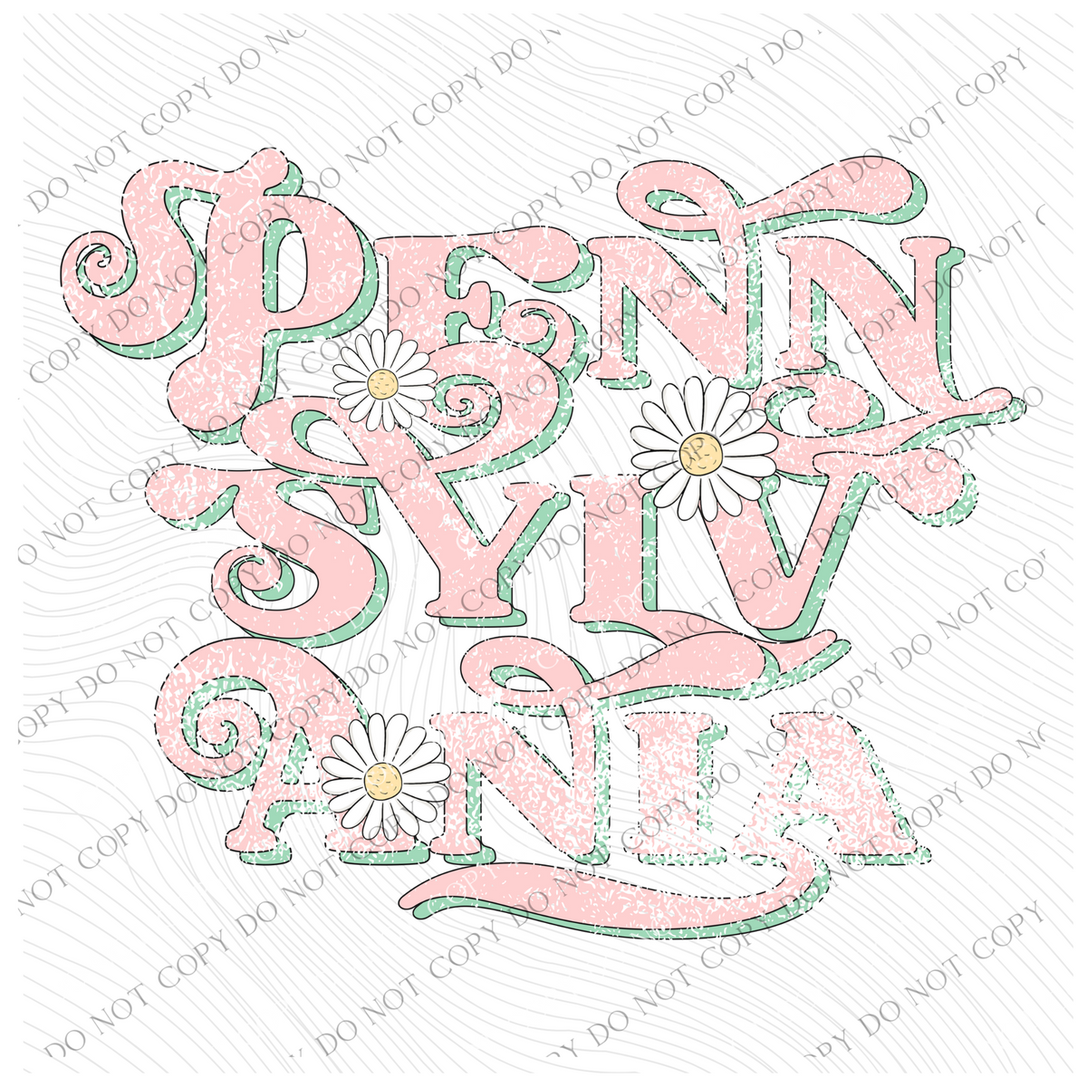 Pennsylvania Retro Swirl Daisies Distressed Pink & Green Spring & Summer Digital Design, PNG