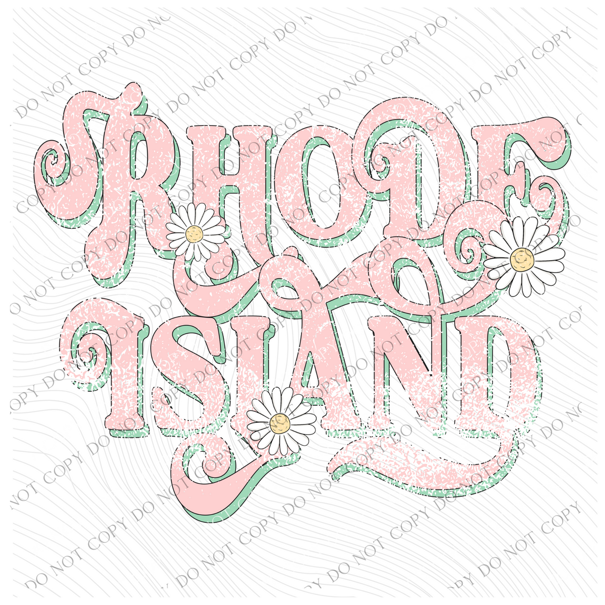 Rhode Island Retro Swirl Daisies Distressed Pink & Green Spring & Summer Digital Design, PNG
